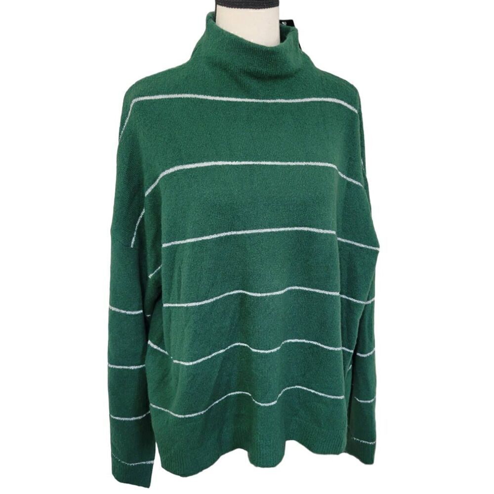 Kim Rogers Green w/ Silver Stripes Petite Mock Neck LUREX Sweater Sz PXL New
